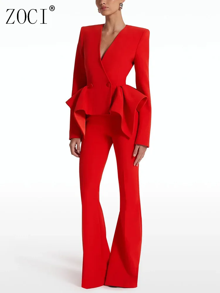 

ZOCI Women's Blazer Pants Suits With Flounce Slim Fit Female Flared Suit Pants Office Lady 2025 Spring And Autumn New Style