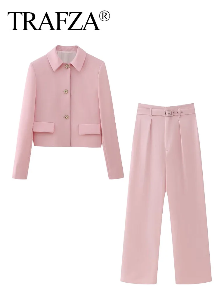 

TRAFZA Woman's Set Pink Turn-Down Collar Long Sleeves Single Breasted Coat+High Waist Belt Pants Spring Suits Woman 2024 Trendy