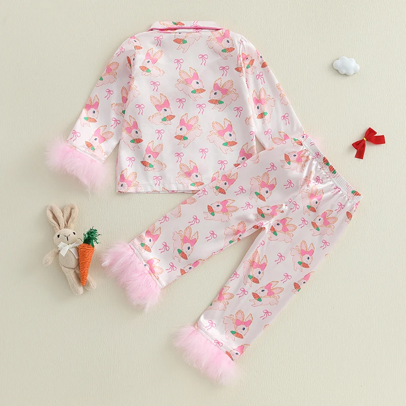 1-7Y Girl Easter Pajamas Set Bunny Print Lapel Feather Long Sleeve Button Down Tops with Pants Sleepwear Pjs Homewear