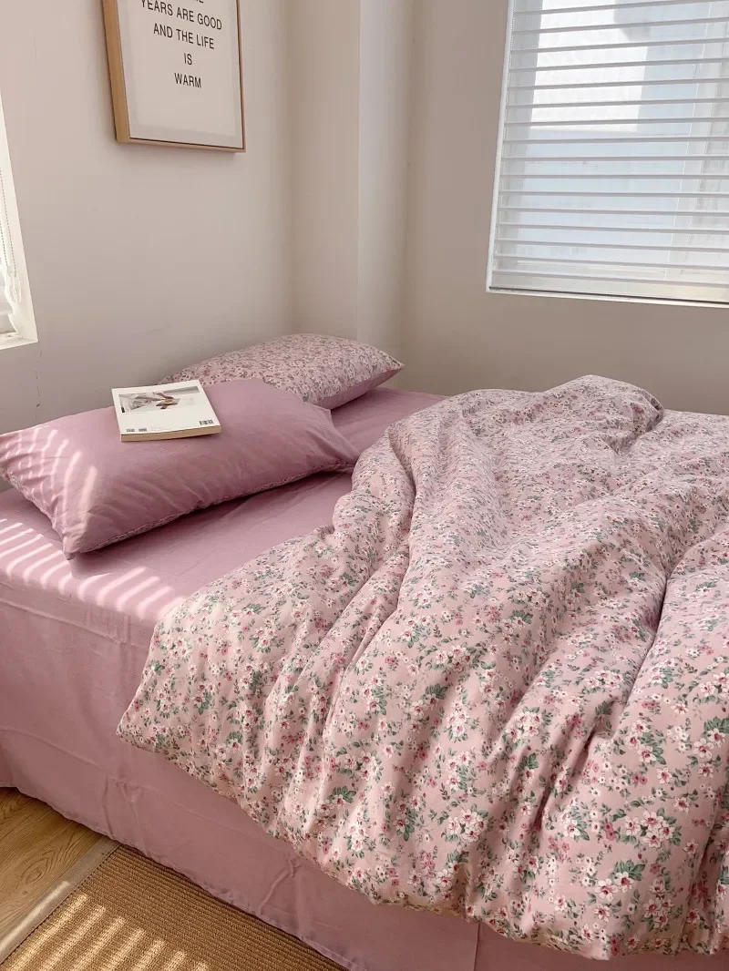 

Small fresh pure cotton small floral pastoral four-piece set bed sheet quilt cover bed hat dormitory