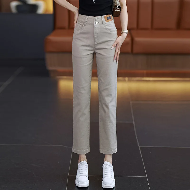 

Khaki Nine-point Pants Women Soft Denim straight-leg Pants Summer Thin Women Pants fashion Casual Pants