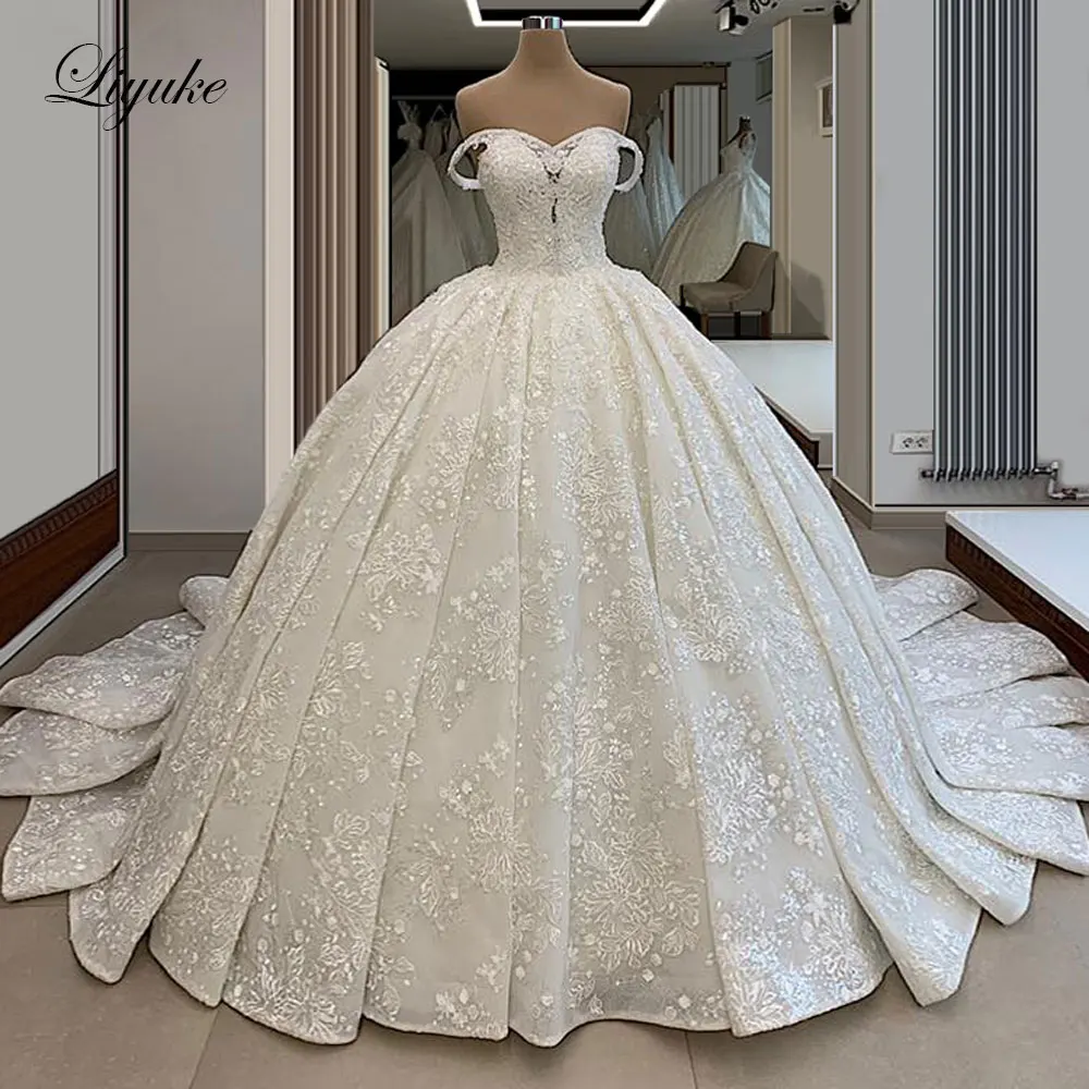 Liyuke Exquisite Off The Shoulder Ball Gown Wedding Dress With Rhinestones Beads Sweetheart Corset Bridal Gown