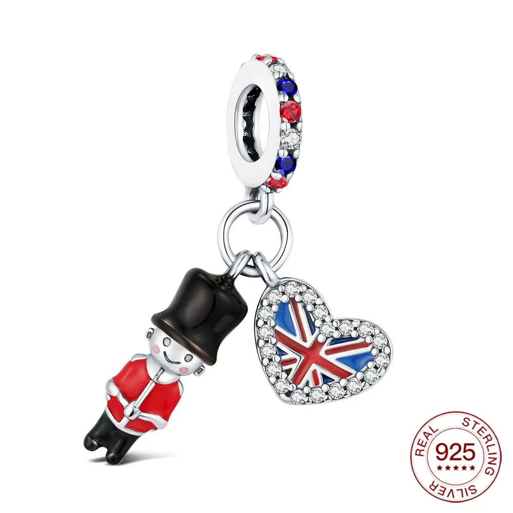 New 925 Sterling Silver Charms UK Guard Flag Pendant Fits Original Bracelet DIY Jewelry Outfit Gift For Women