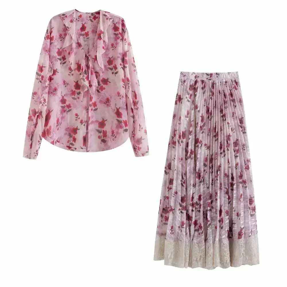 

Women's summer new fashion layered decoration loose floral print V Neck women's shirt retro long sleeved women's shirt chic top