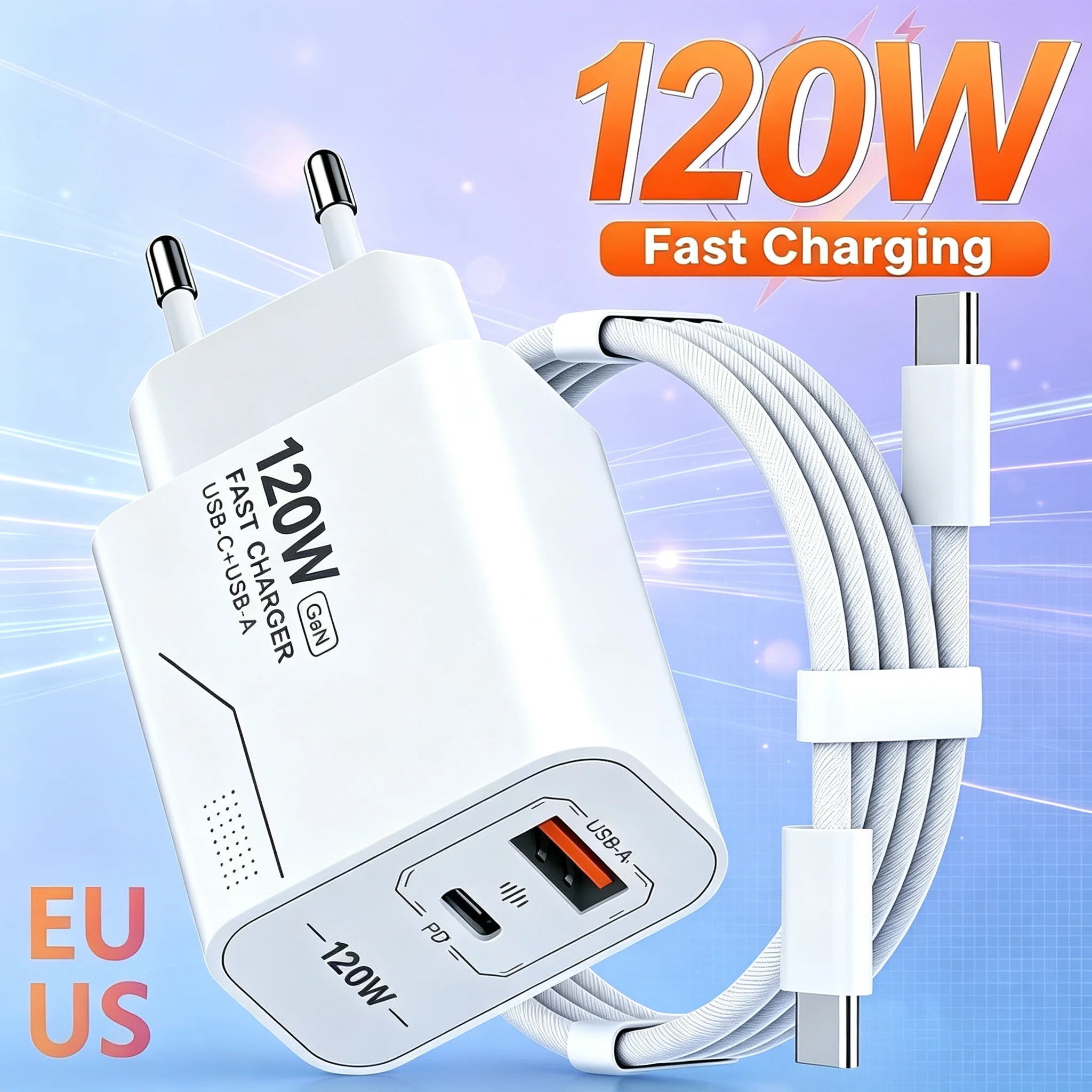 120W 2-Port GaN Type C Charger USB-C Fast Charging Wall Adapter Phone Charger For iPhone Samsung Xiaomi US/EU Plug Stable Safe