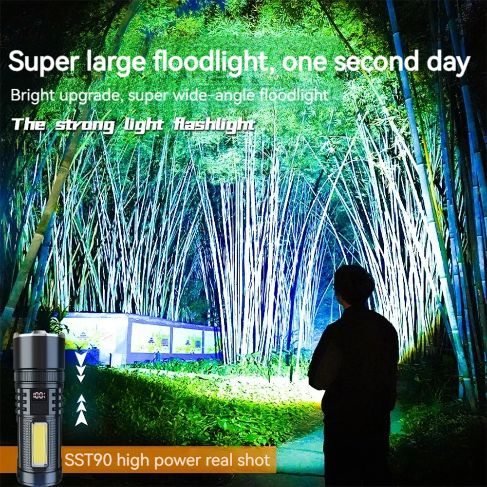 Powerful LED Flashlight Strong COB Side Light USB Rechargeable Tactical Torch Super Bright Lantern Outdoor Camping Work Lamp