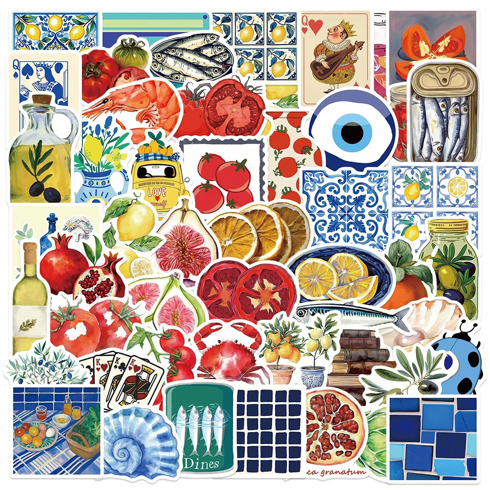 

10/30/50/100pcs Cartoon Mediterranean Food Fruits Stickers Aesthetic Decal DIY Motorcycle Laptop Suitcase Decoration Sticker Toy