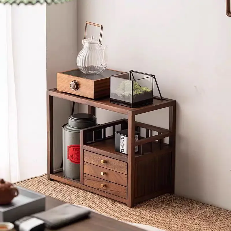 Walnut Desktop Shelf Tea Set Cup Teapot Tea Storage Box Drawer Cosmetics Jewelry Storage Rack