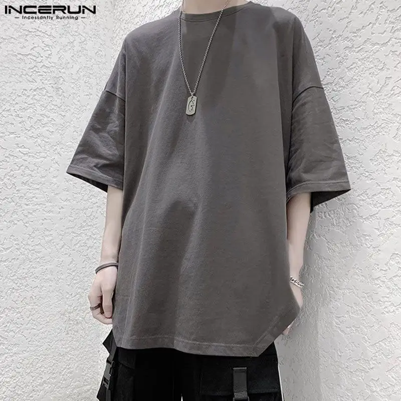 

Футболка INCERUN Мужская Асимметричная, однотонная Свободная рубашка с круглым вырезом и коротким рукавом, модная уличная одежда в Корейском стиле, лето 2024