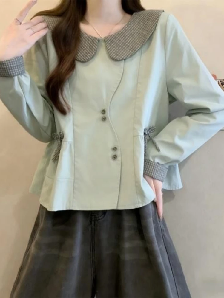 Fashion Sweet Shirts Peter Pan Collar Long Sleeve Plaid Bow Patchwork Blouses Spring Autumn Crop Tops Design Women's Clothing