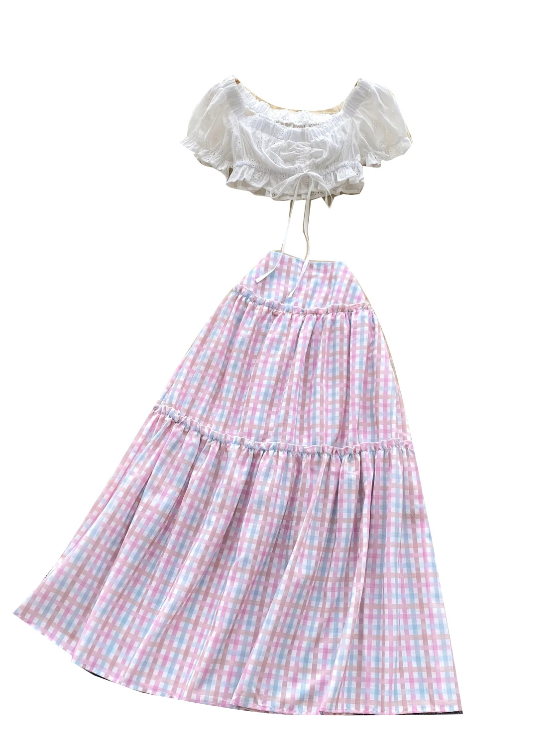 Conjunto de Moda para Mujer: Top Corto Bordado con Hombros Descubiertos y Mangas Abullonadas de Verano 2025 con Falda  de...