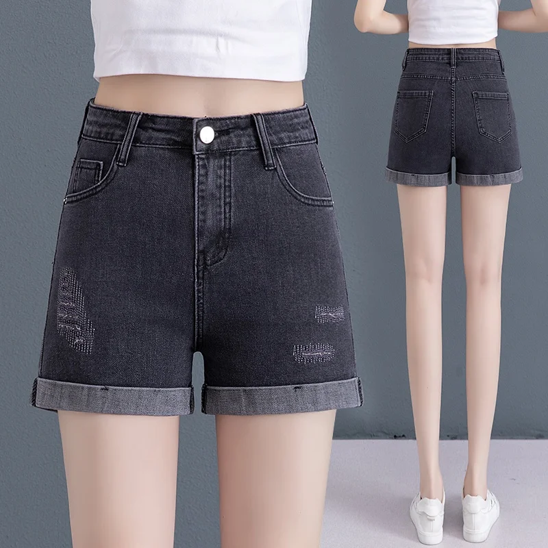 

Женские летние джинсовые шорты с высокой талией, А-силуэт, с дырками, утягивающие, тонкие, широкие, повседневные, из смесового хлопка