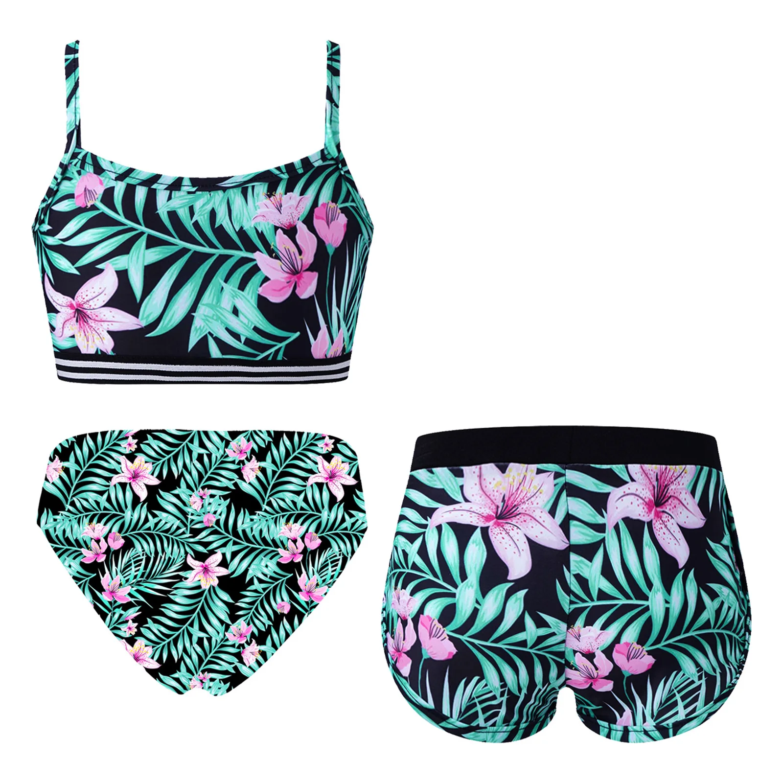 3Pcs Kids Girls Tankini Swimsuit Set Printed Crop Top with Shorts and Briefs Swim Outfits for Beach Pool Swimming Bathing Suit