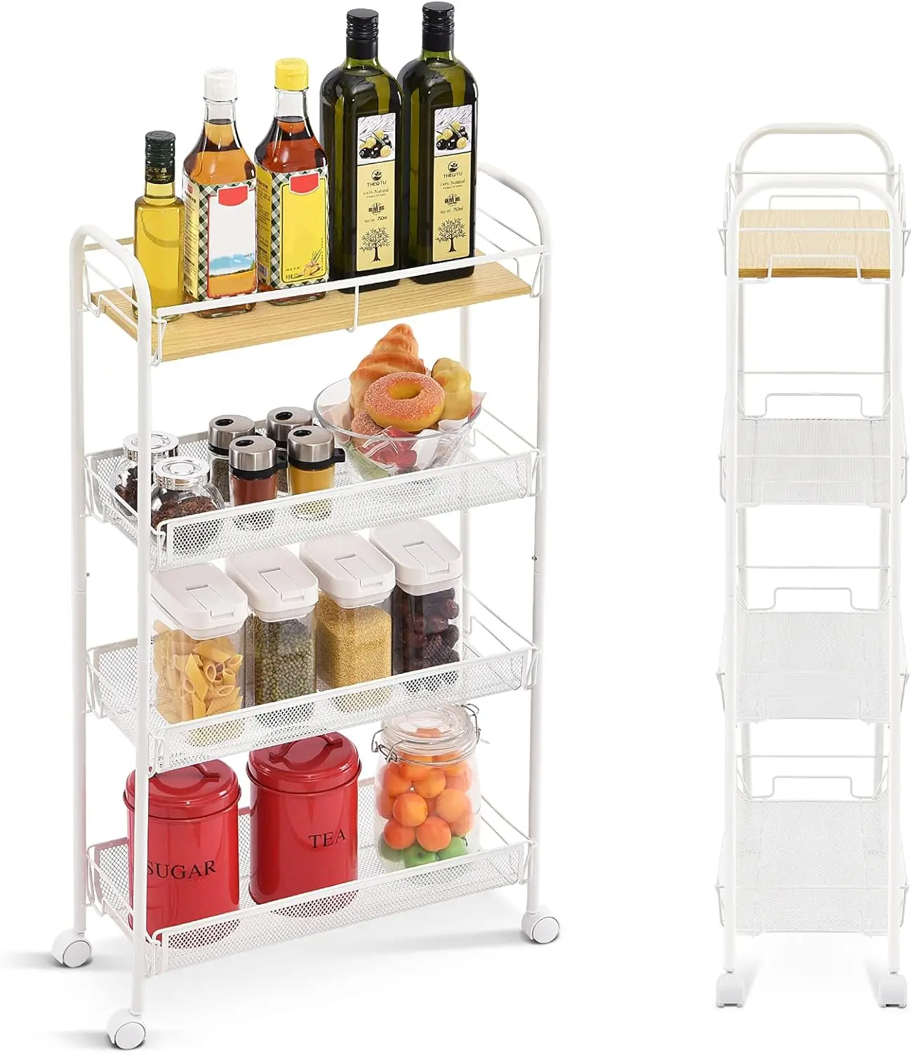 4-Tier Slim Rolling Cart with Wooden Tabletop,Mobile Metal Utility Storage Cart,Slide Out Narrow Cart for Tight Spaces NEW USA