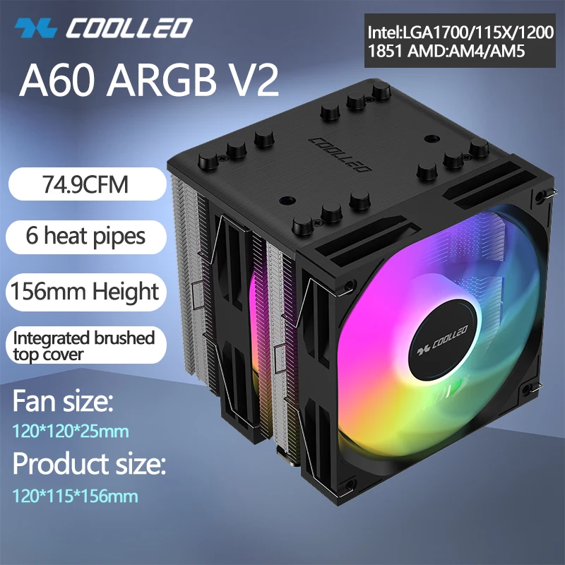 

COOLLEO A60 ARGB V2 6, тепловая трубка, двойной башня, двойной вентилятор, кулер для процессора, радиатор ARGB с воздушным охлаждением для LGA1700 115X 1851 1200 AMD AM5 AM4