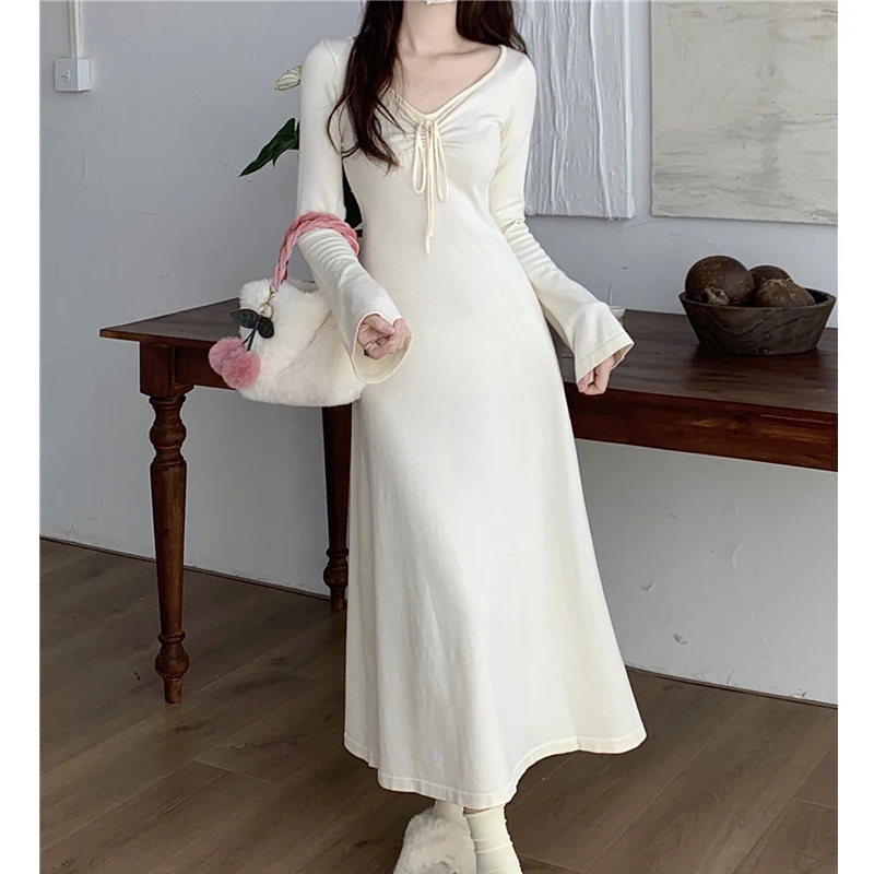 

Autumn Womens Dresses Long Sleeve Dress Waist A-line Knitted Women's Long Dress Vestidos Para Mujer