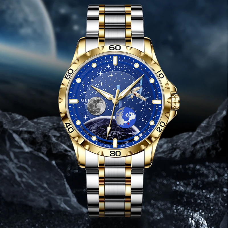 2025 جديد GLENAW الرجال ساعات أوتوماتيكية الهيكل العظمي السماء المرصعة بالنجوم القمر المرحلة مضيئة مقاوم للماء الفولاذ المقاوم للصدأ ساعة ميكانيكية الرجال