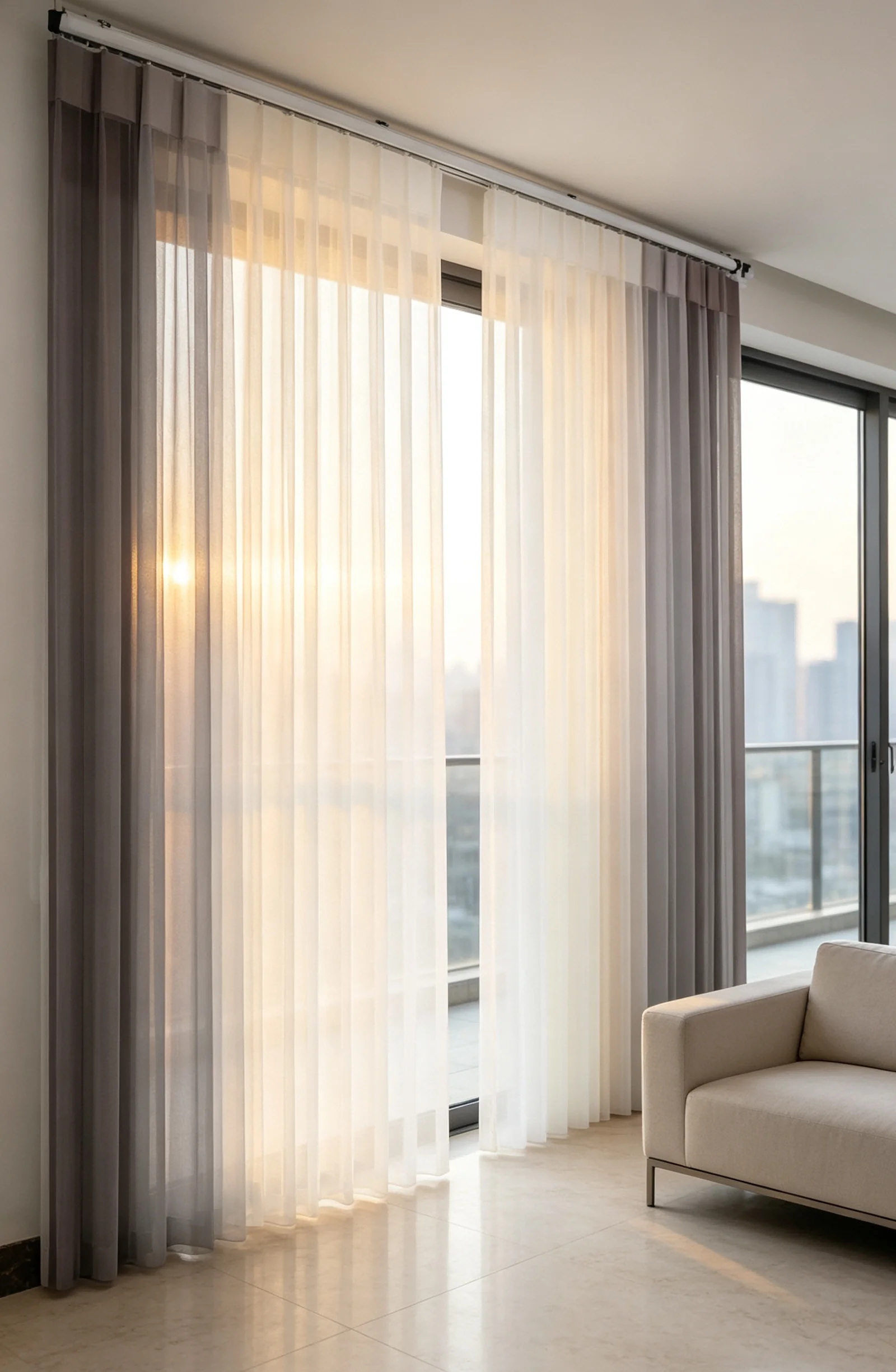 Cordless DualColor Spliced Dream Sheer Shades, Custom Vertical Light Filtering Blinds for Living Room