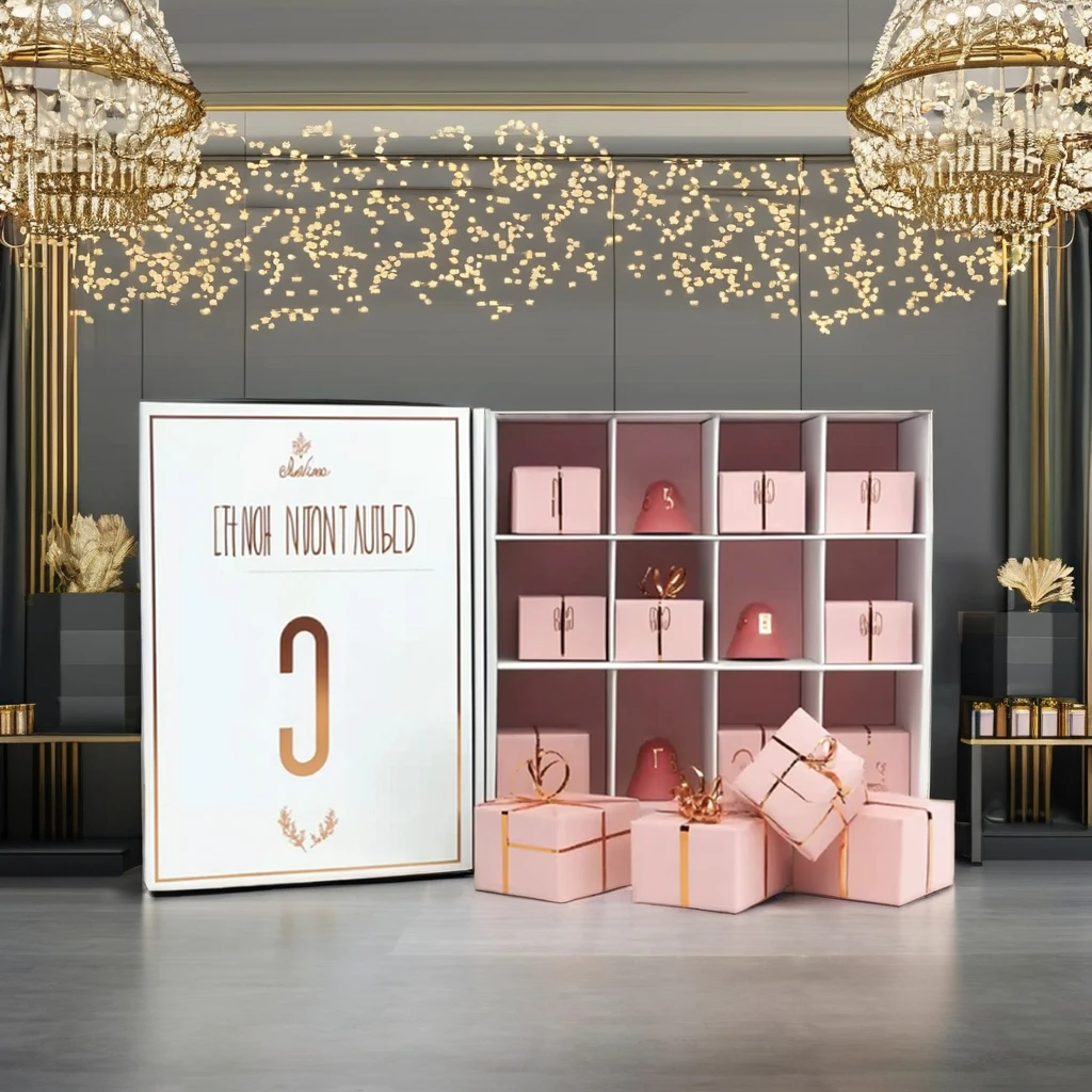 Customization.Wholesale Custom Empty 12 Days Pink Christmas Advent Calendar Box Rigid UV Matt Lamination Beauty Embossing Recycl