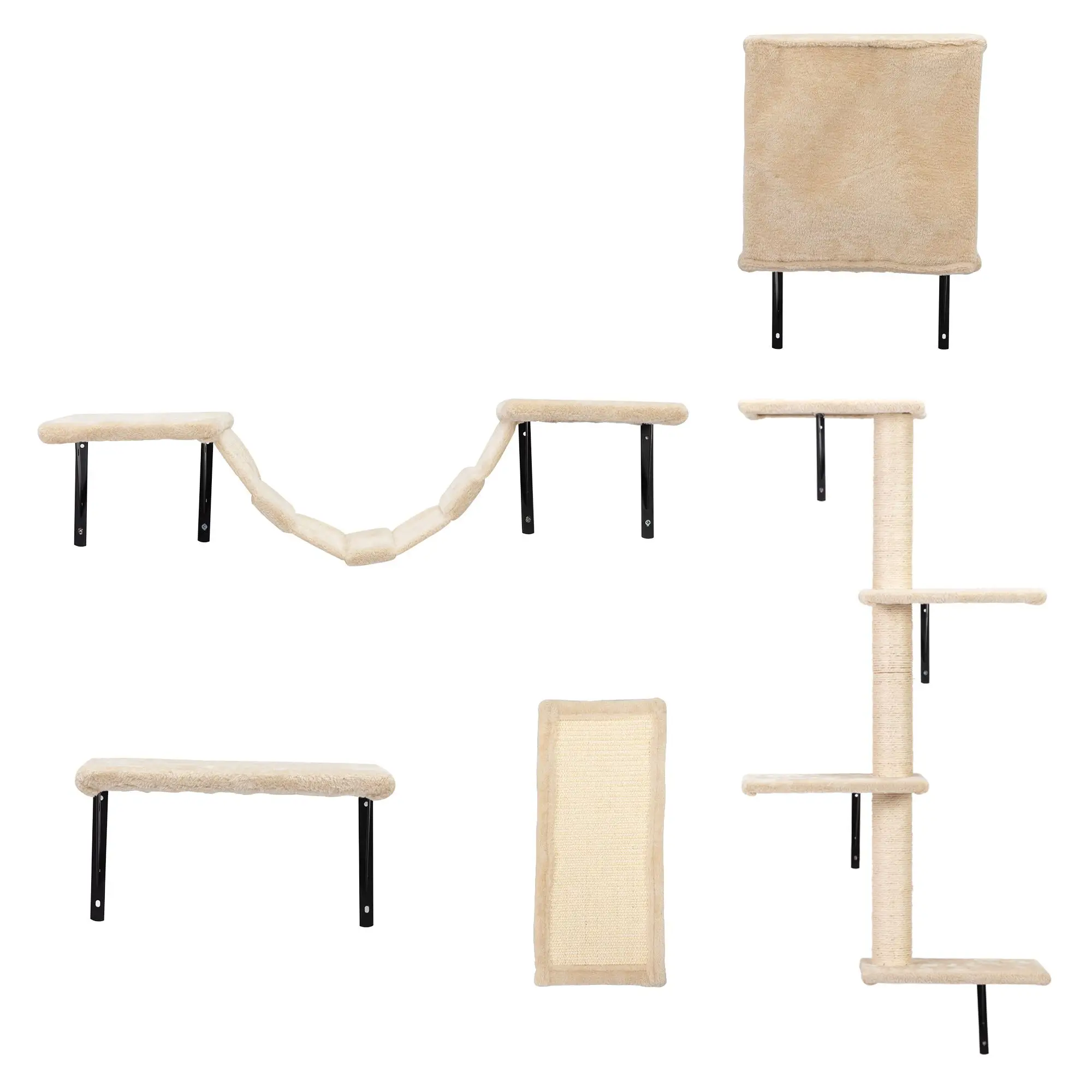 5 Pcs Wall Mounted Cat Climber Set; Floating Cat Shelves and Perches; Cat Activity Tree with Scratching Posts; Modern Cat Furnit