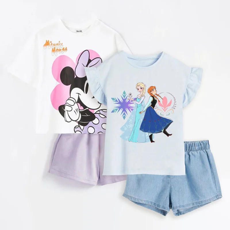 Baby Girl Clothes Set Cartoon Frozen Elsa Anna Minnie Mouse Printed Short Sleeve Top + Shorts Summer Children Girl Clothes