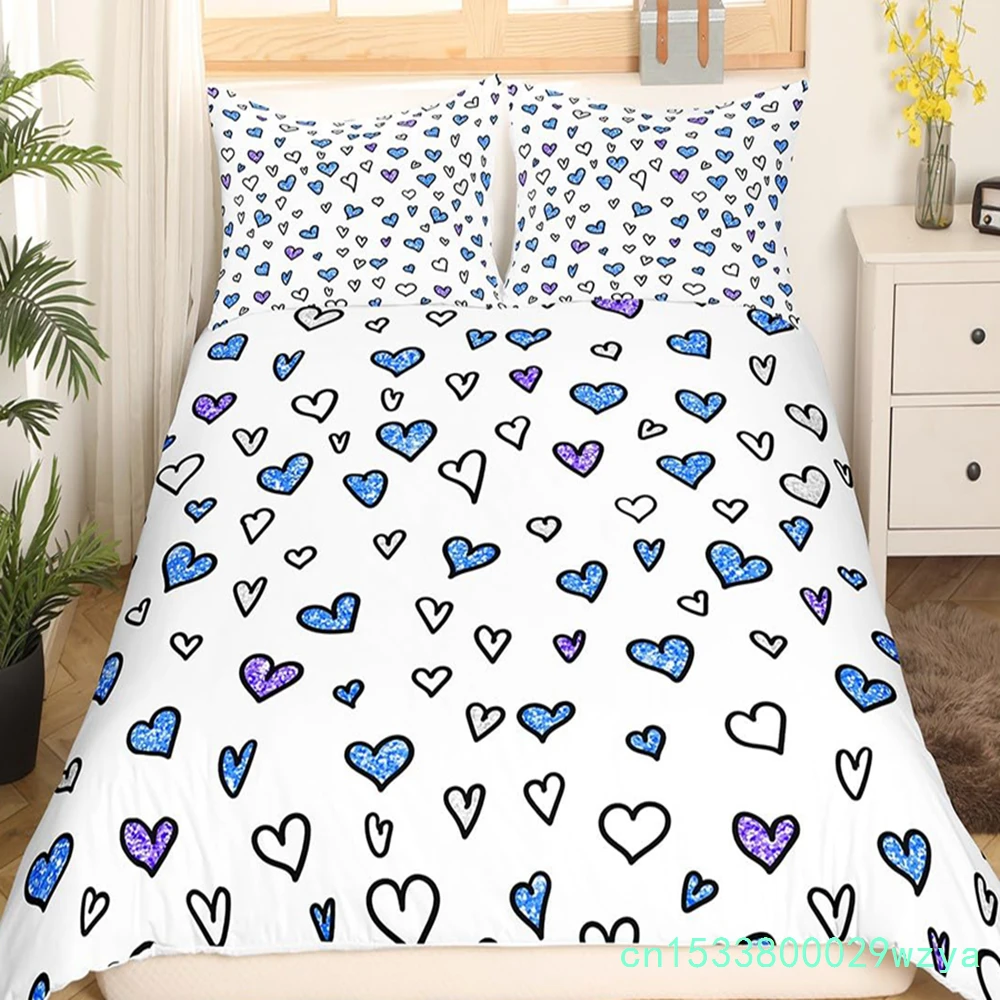 Valentine's Day Bedding Set Doodle Style Little Heart Duvet Cover Purple Red Comforter Cover Love Theme Polyester Quilt Cover