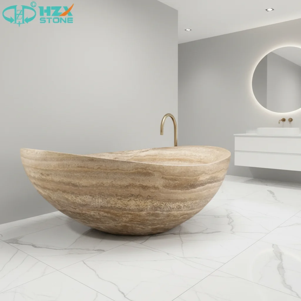 Travertine Marble Stone Freestanding Bath Tub Modern Handcrafted Polished Soaking Whirlpool Eco-Friendly Villa