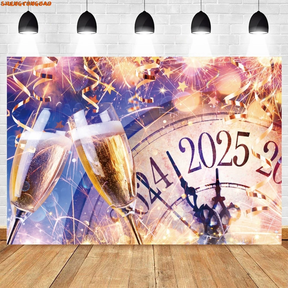 2025 Happy New Year Photography Backdrop Golden Glitter Fireworks Champagne Celebrate Party Family Portrait Photo Background
