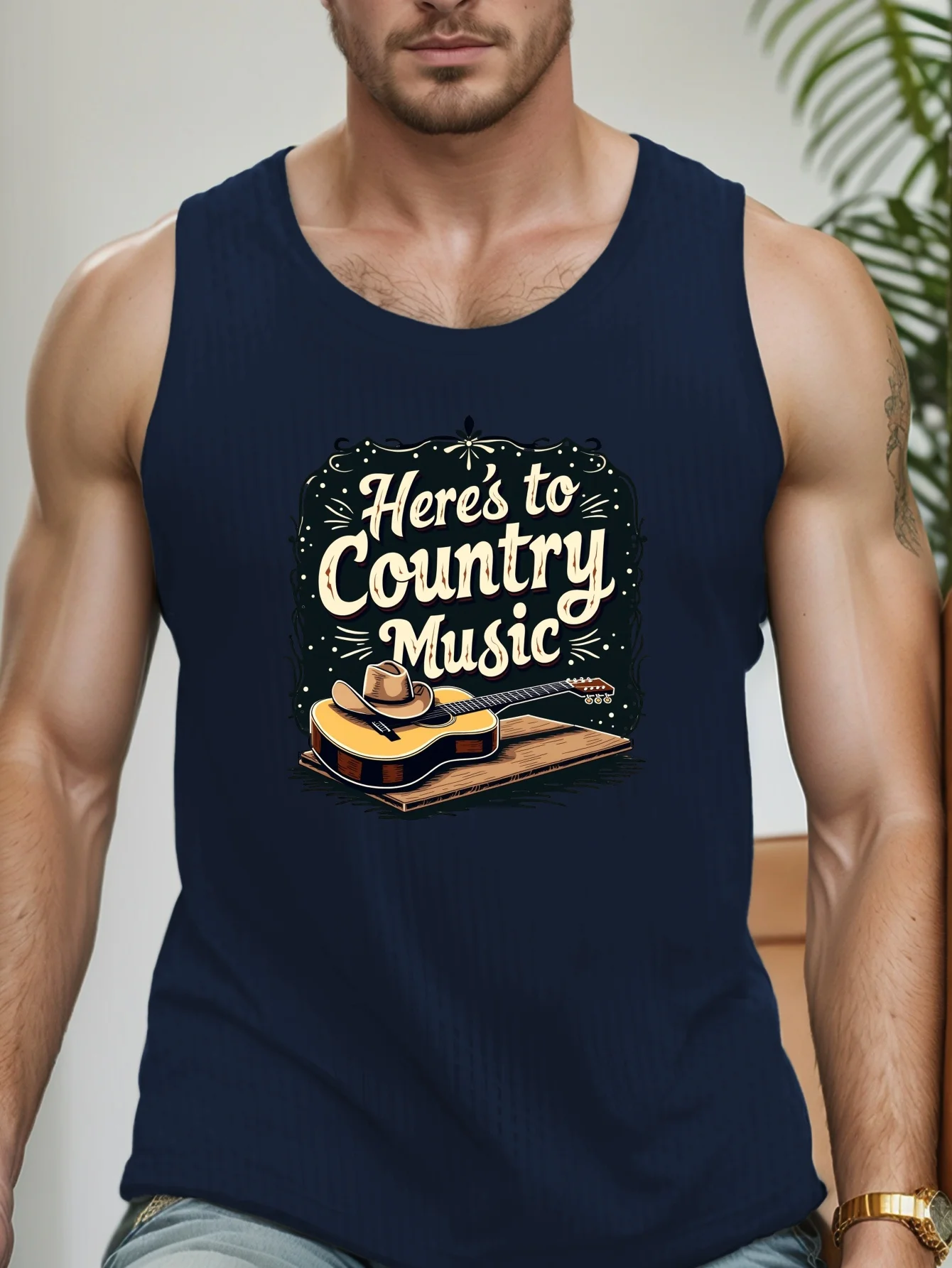 

Country music guitar and cowboy hat standard size men's vest