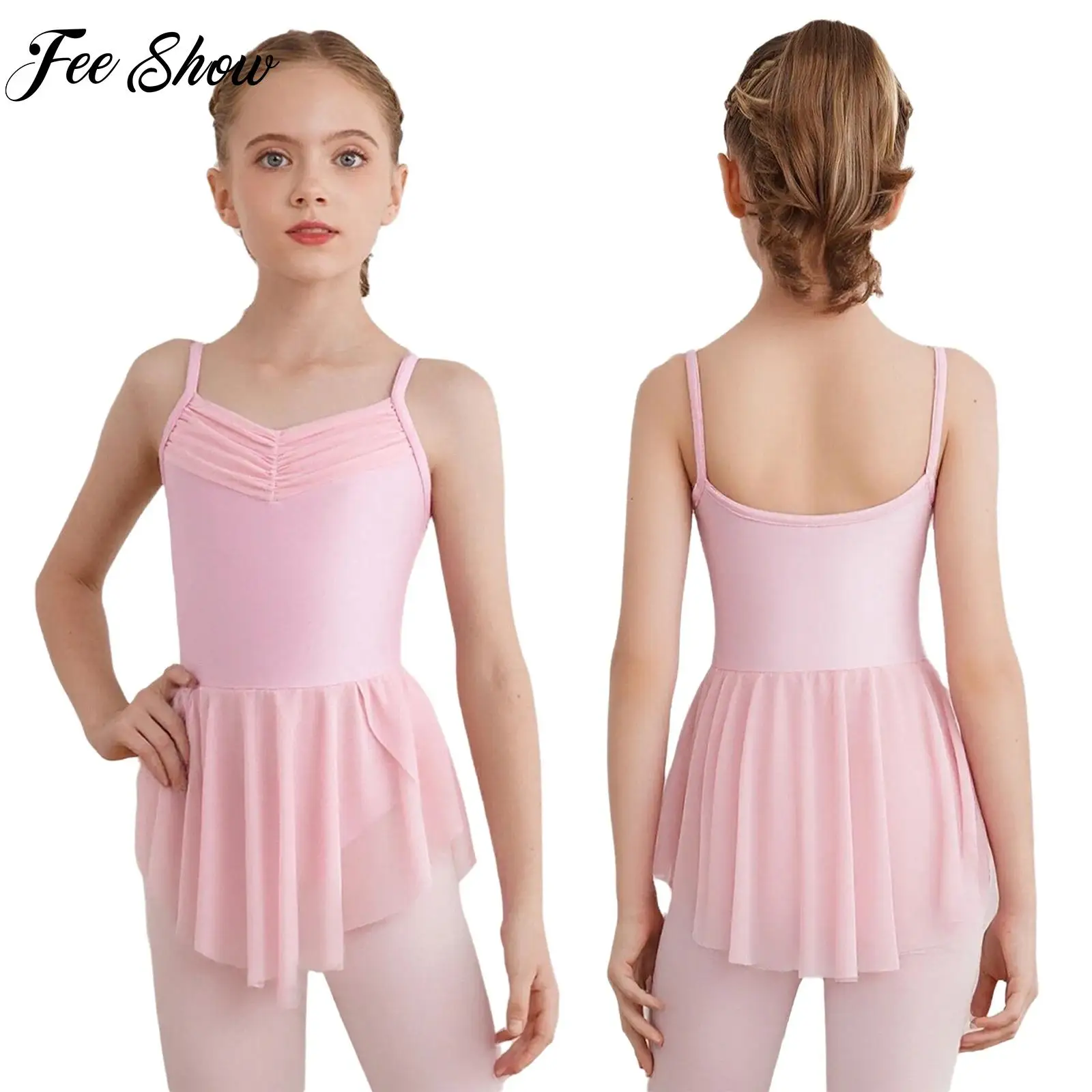 

Kids Girls Ballet Dresses Ballerina Practice Performance Costume Spaghetti Straps Sides Split Dance Dress with Built-in Briefs