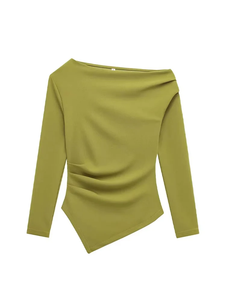 HH Women Fashion Solid 5-Color Asymmetrical Slant Collar Tops Female Spring Pleated Decoration Casual Slim Elasticity Top