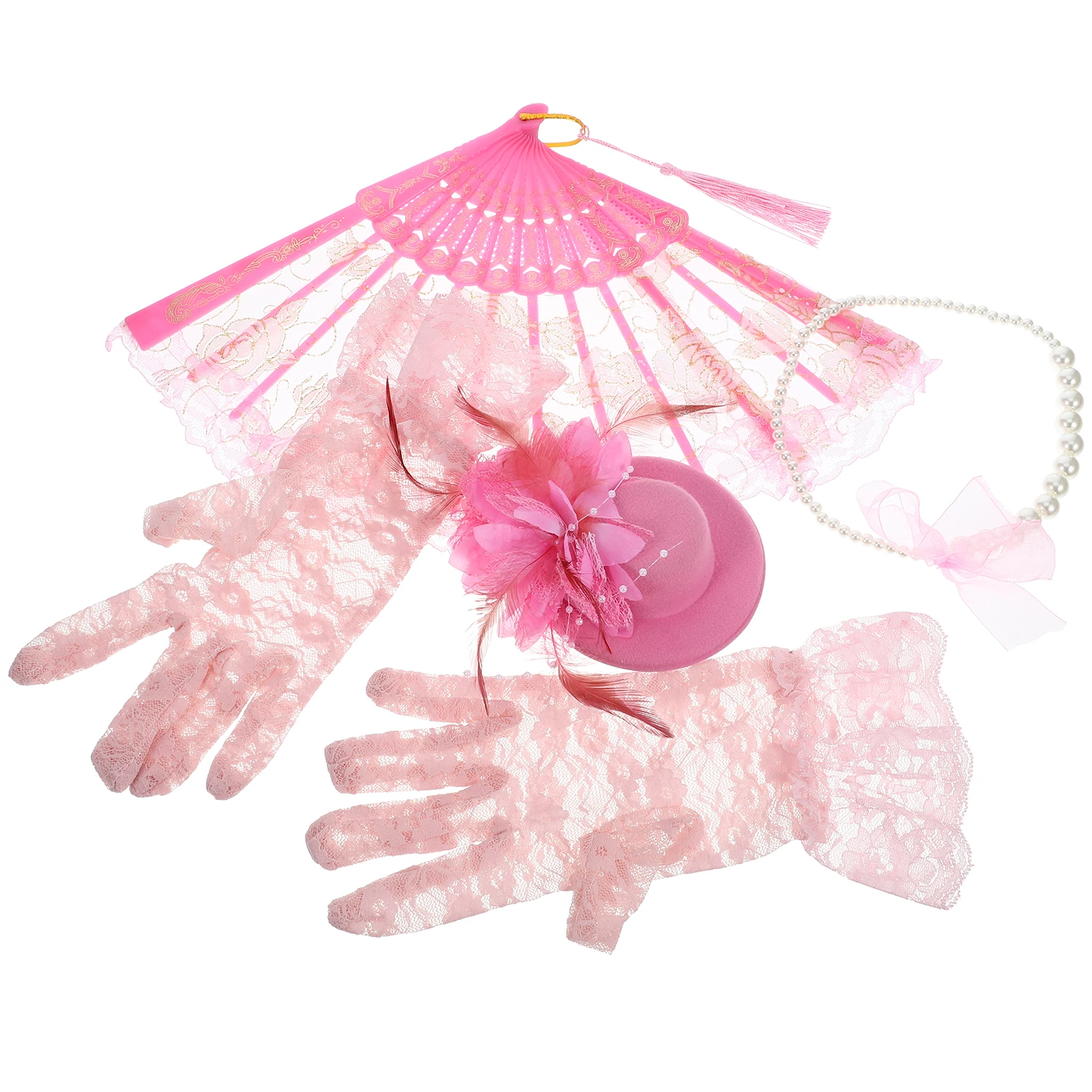 

1 Set Girl Birthday Party Necklace Tea Party Dress Up Props Cosplay Jewelry Fan Gloves Halloween