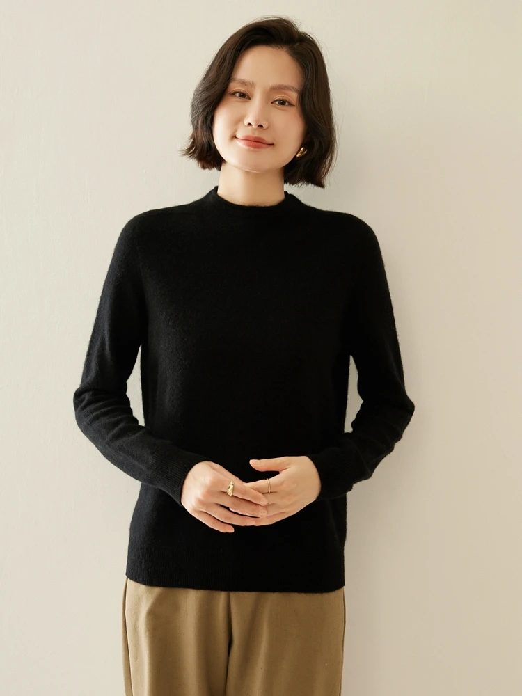 

Новые модные вязаные женские пуловеры из 100% кашемира с низким круглым вырезом и рукавами, свитер с закрученными краями и низким круглым вырезом, простой однотонный цвет