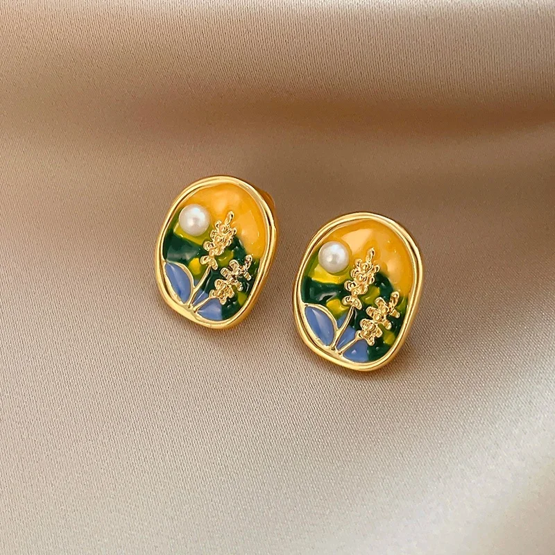 Monet Garden Imitates Baroque Pearl Oil Painting Style Stud Earrings For Women\'s High-end Jewelry Retro Accessories For Summer