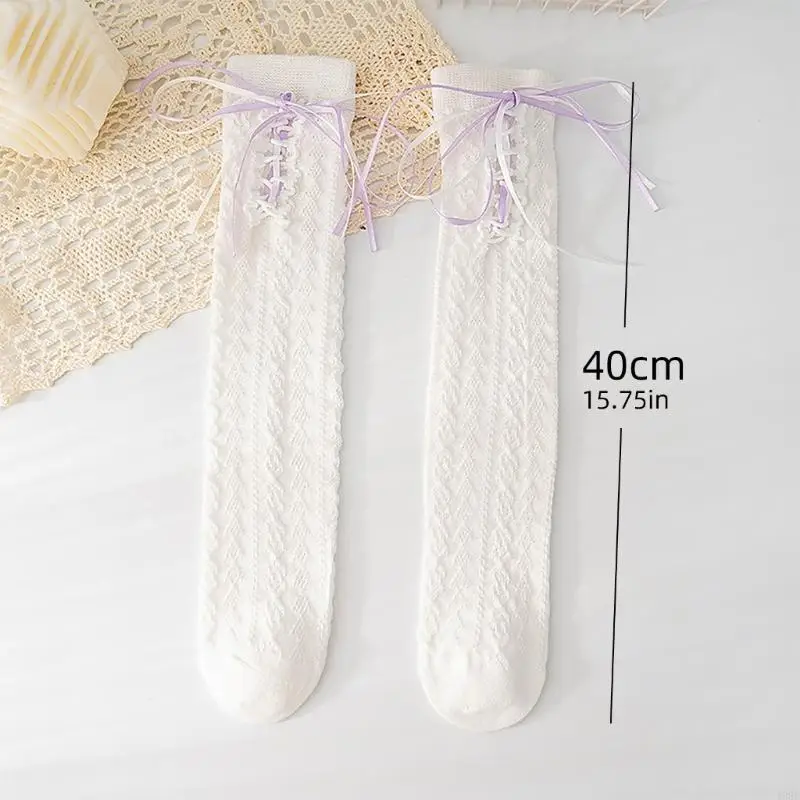195E Calzini alti ginocchio per bambine e ragazze, calzini per stivali in cotone, fiocchi dolci, calzini polpaccio, regali
