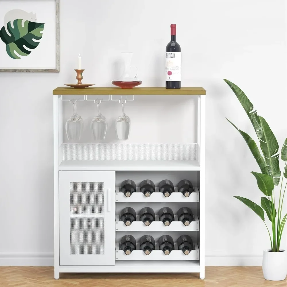

3-Tier Wine Bar Cabinet with Detachable Wine Rack and Storage Space, Buffet Cabinet with Glass Holder and Mesh Door
