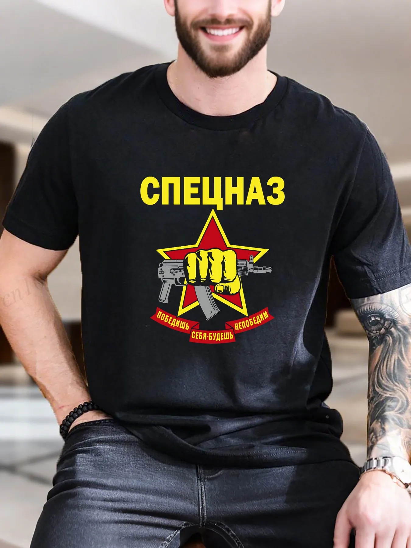 

New Arrival Fashion Men's Printed Short Sleeve T-Shirt Trendy Gun 100% Cotton Breathable Comfortable Casual Summer Tee for Streetwear