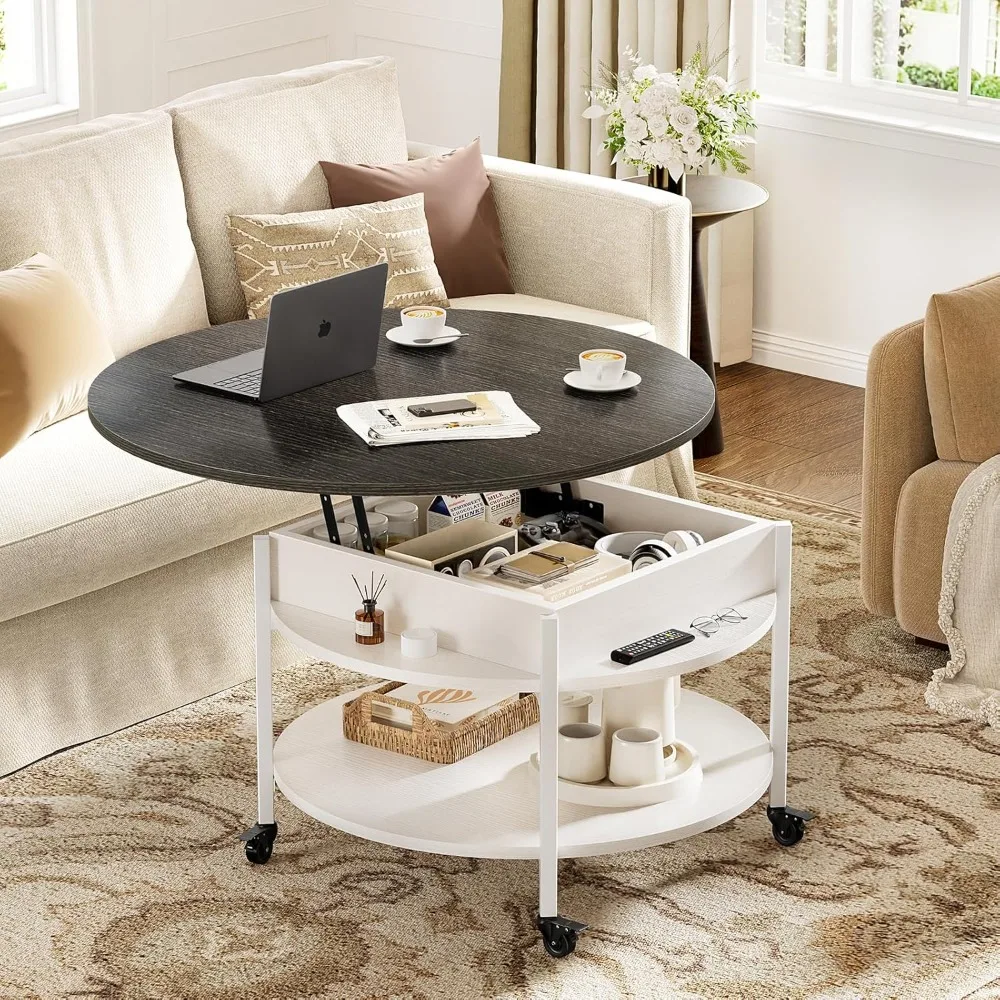 Round Lift Top Coffee Table with Wheels, Circle Center Table with Storage and Compartment, 26.77’’ Rolling Coffee Tables
