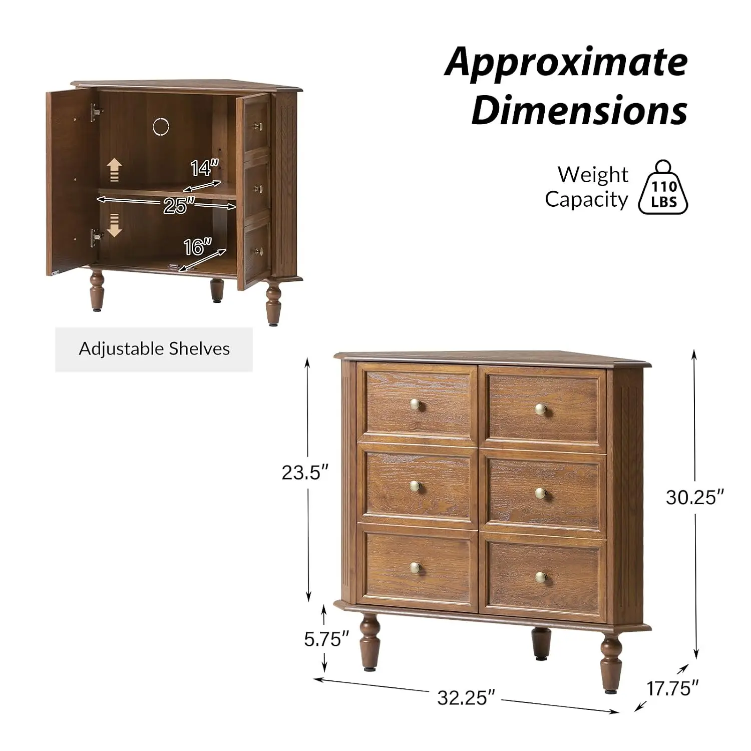 Vintage Walnut Corner Cabinet 2 Door Triangle Storage with Faux Drawers for Living Room Bathroom Entryway, Customized