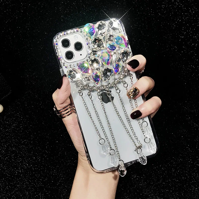 Luxury Glitter Diamond Pendant Tassel Crystal Phone Case, Soft Cover for Samsung S10, S20 Plus, S21 FE, S22, 23Ultra, Note20, 10