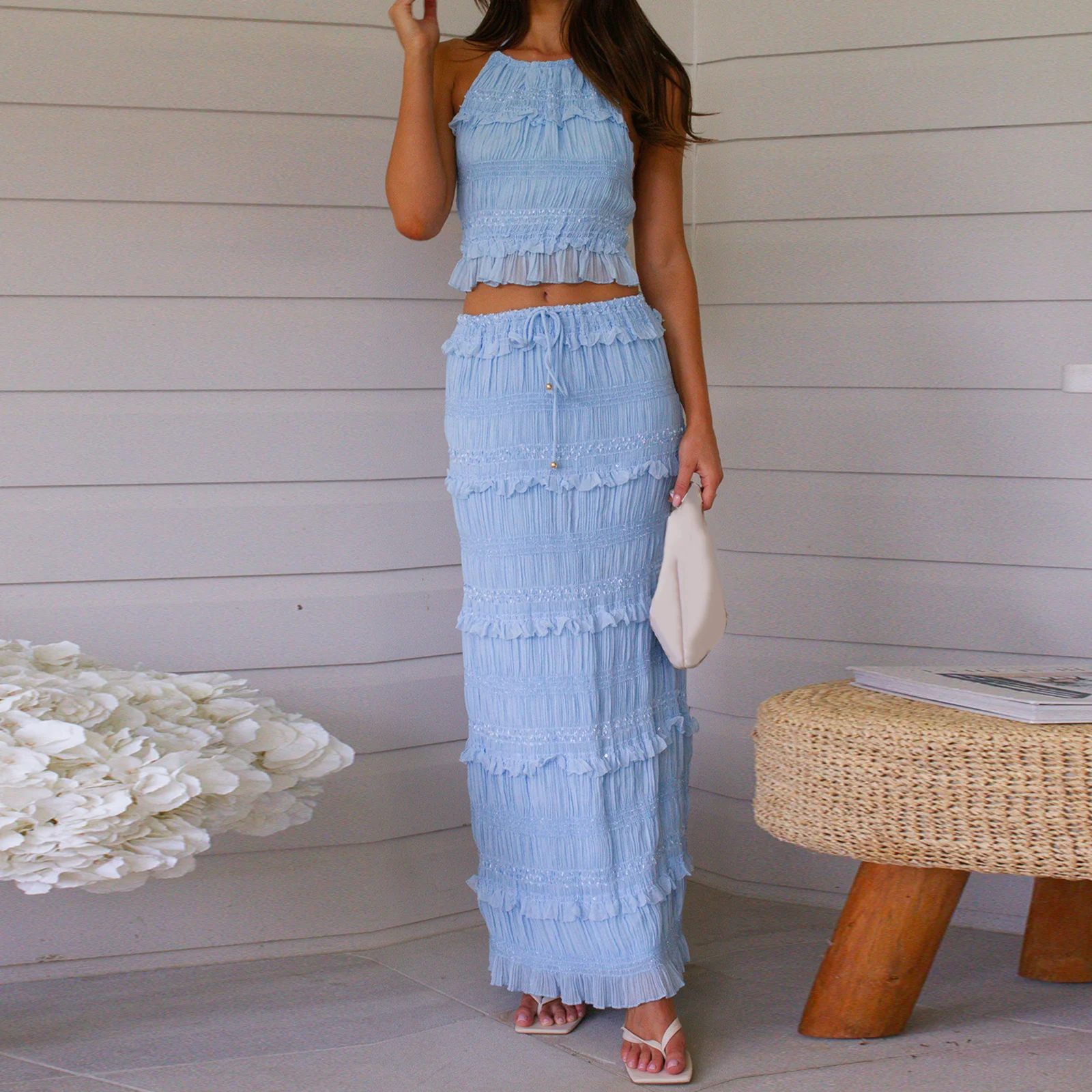 Women Summer Outfit Shirred Tie-up Halter Neck Sleeveless Open Black Tank Tops Drawstring Long Skirt 2 Pcs Set