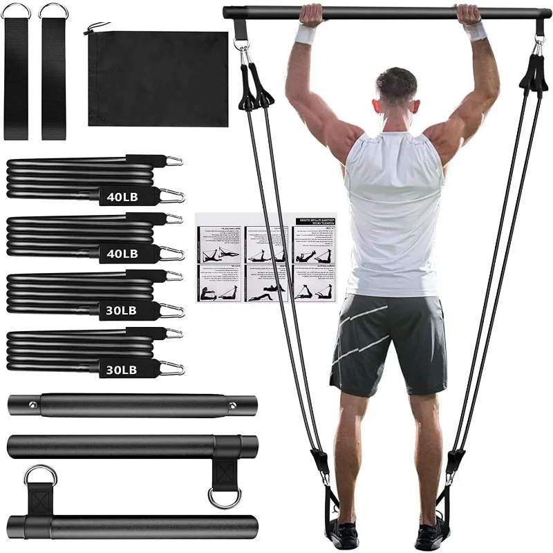 Pilates Rod Set met multifunctionele weerstandsriem Elastisch touw Spankabel Yoga Fitness Stick