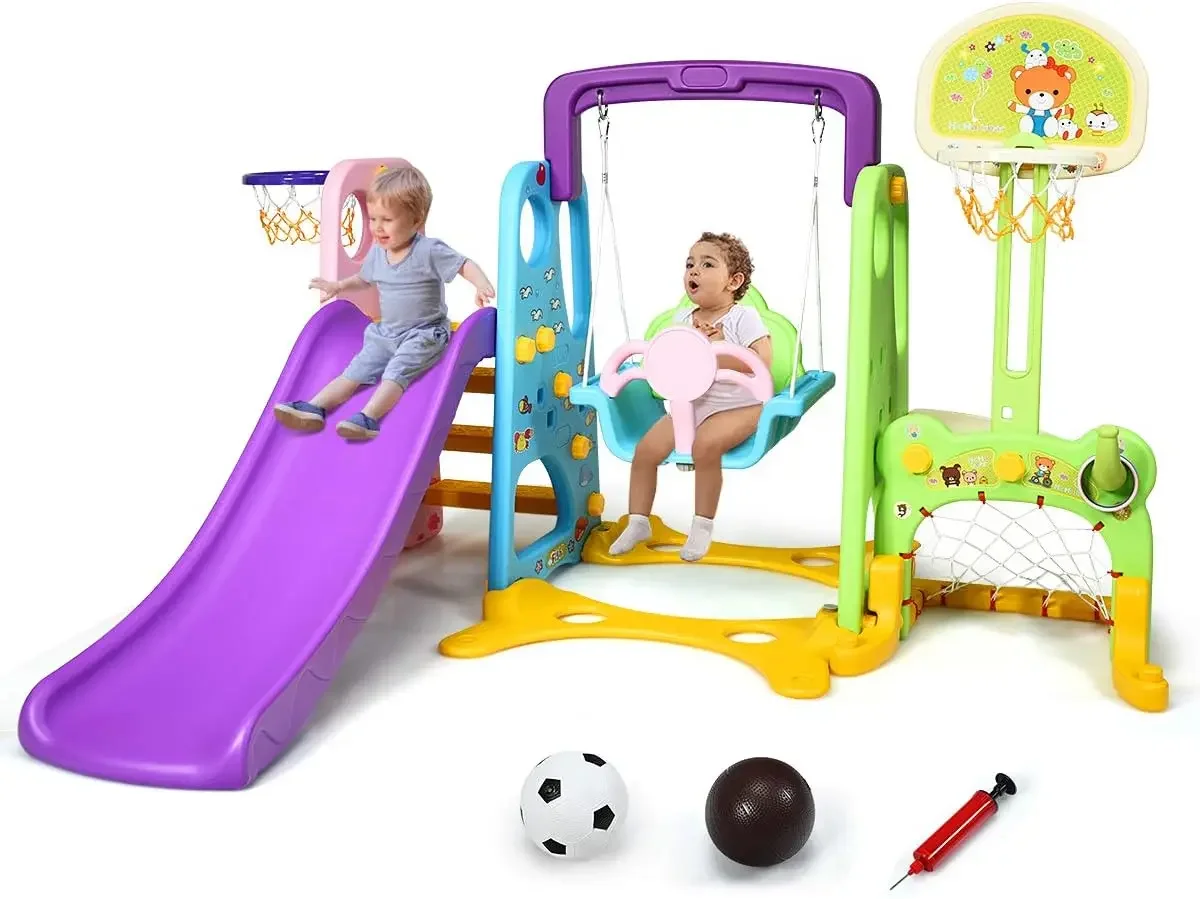 Ensemble toboggan et balançoire pour tout-petits, grand ensemble de jeu toboggan pour enfants avec panier de basket-ball et porte de football, terrain de jeux