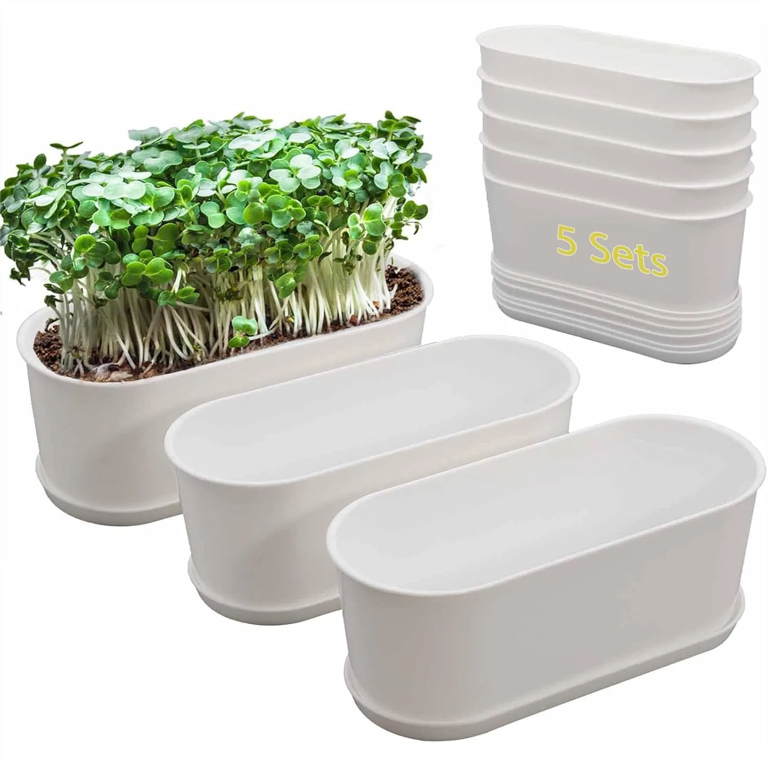 

White Herb Planter Box 5-Pack with Drip Trays, 8.5 Inch Oval Window Planters for Kitchen Sill Indoor Outdoor