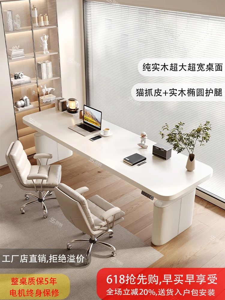 

Solid wood electric lifting table office computer table white long table household bedroom lifting desk cream wind