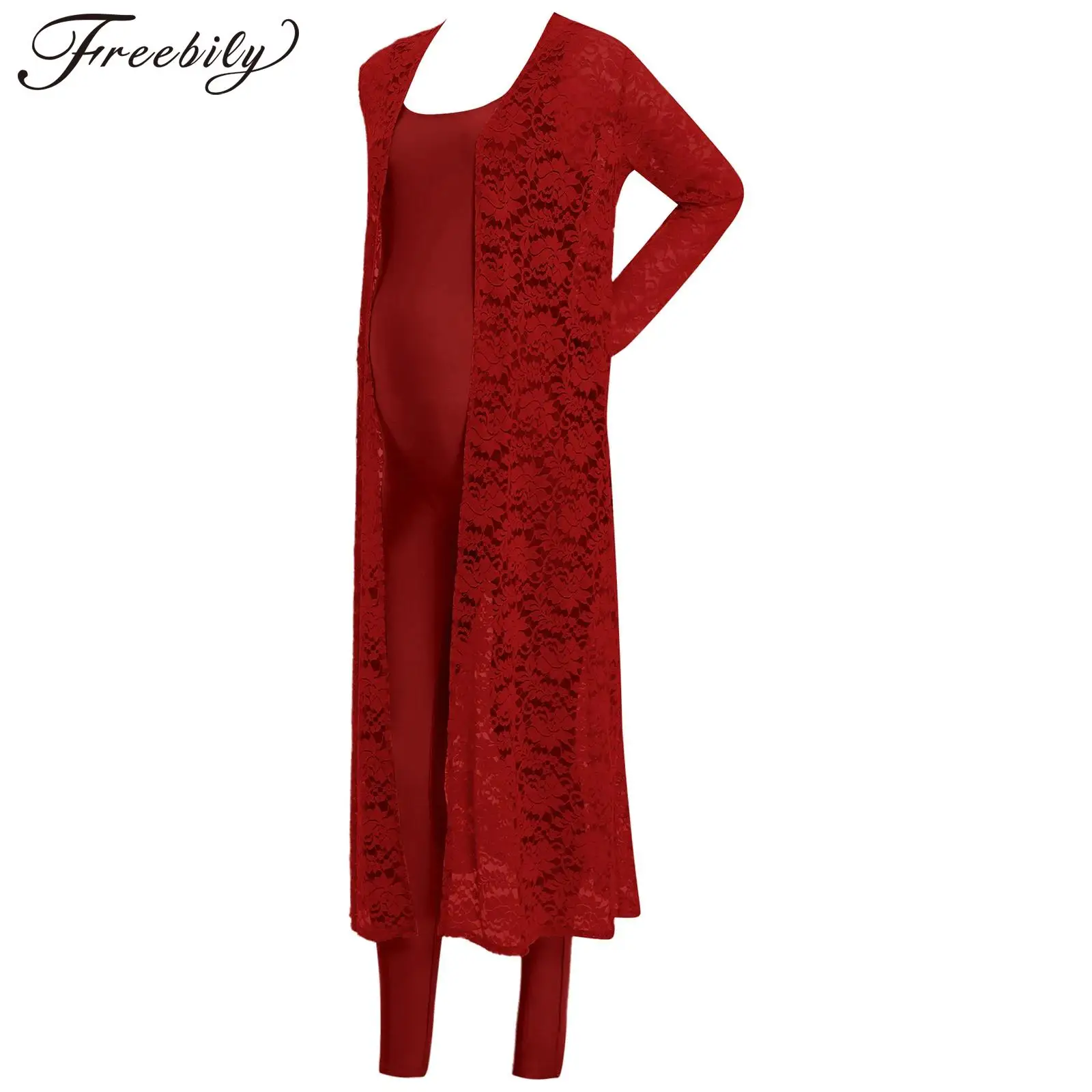 

Maternity Clothes Leisure Outfit Long Sleeve Open Front Lace Cardigan Robe with Bodysuit Shapewear Pregnancy Women Casual Wear
