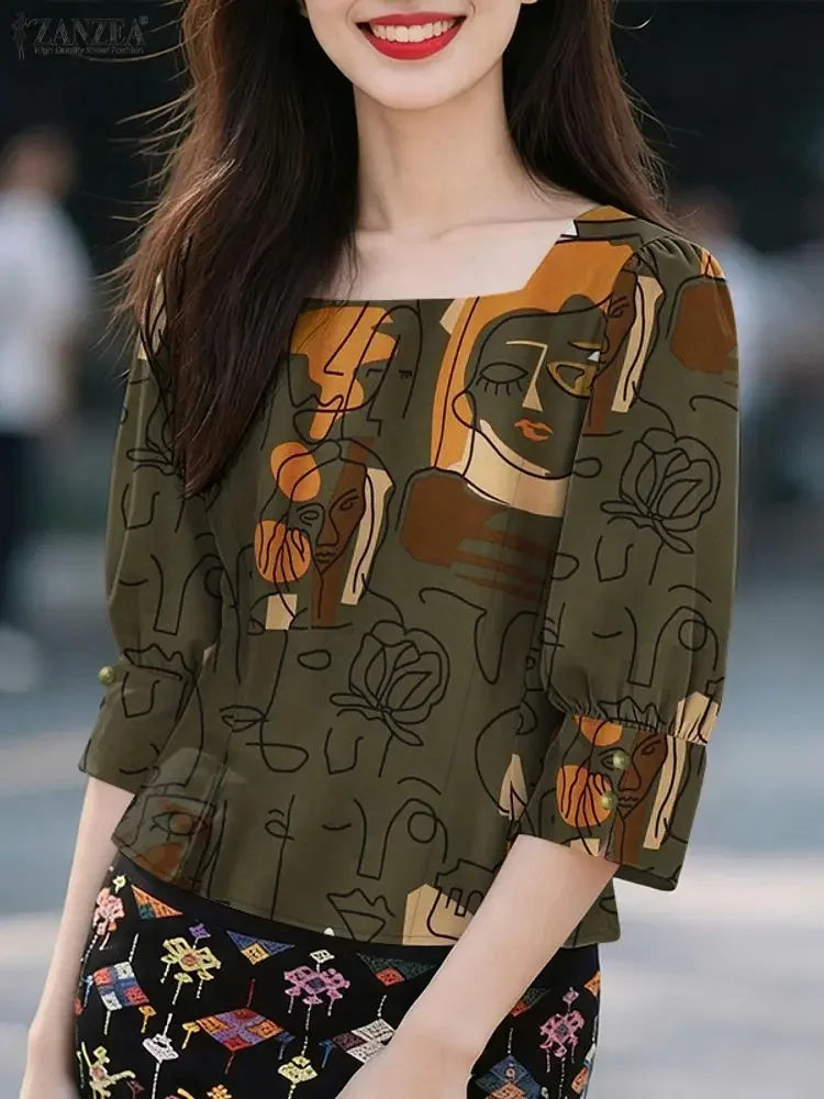 

ZANZEA, женские стильные блузки с абстрактным принтом лица, элегантные короткие топы с квадратным вырезом и пышными рукавами 3/4, осень 2021, новая женская одежда