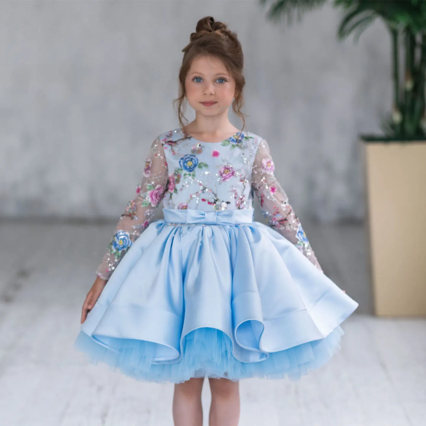 Dreamy Vow J179 Gorgeous Blue Girl Dress Long Sleeve Embroidered Tulle Kid Celebration Party Spring Summer Knee Length Ball Gown