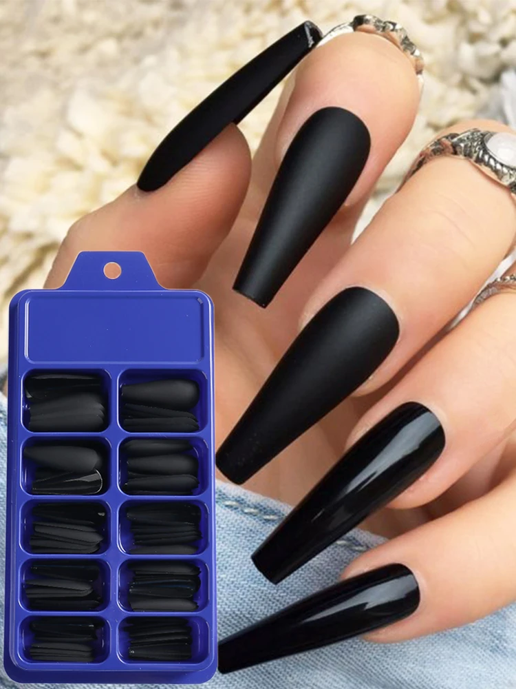 100pcs/box Matte Pure Black Press on Nails Solid Color Frosted False Fake Nali Tips Wearable Coffin Nails for Girl Fingernails