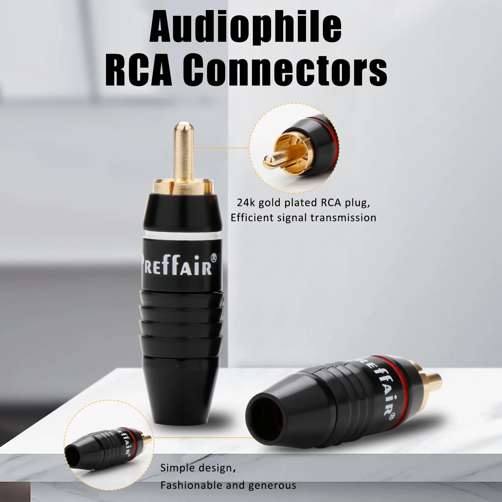 Preffair ขั้วต่อ RCA ชุบทอง4ชิ้นปลั๊ก RCA ตัวผู้ตัวเชื่อมต่อ RCA แบบบัดกรีเหมาะสำหรับสายออดิโอ6มม.